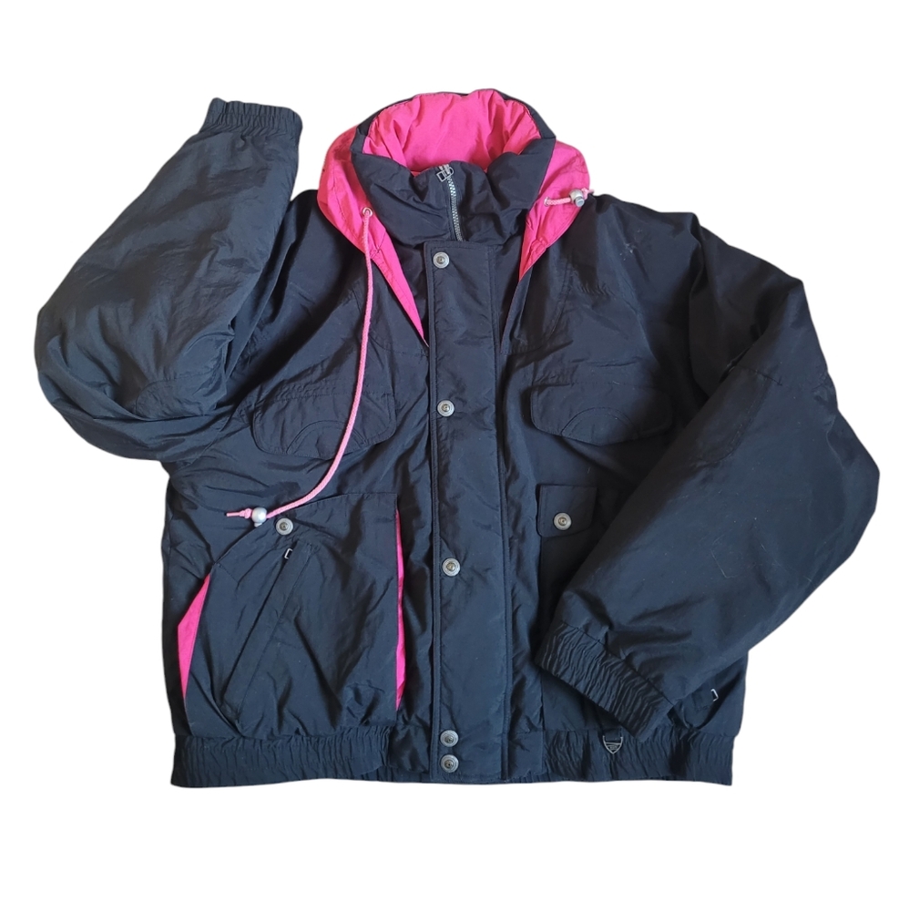 Vintage SKITIQUE Ski Jacket Men Large Pink Black Utility Snow Hooded Retro Coat